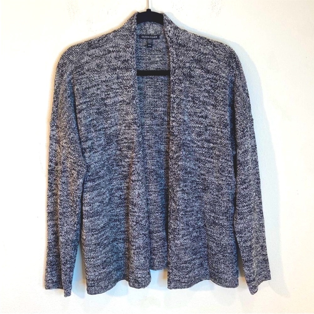 Eileen Fisher Black Gray Knit Open Cardigan Sweater, Size-M